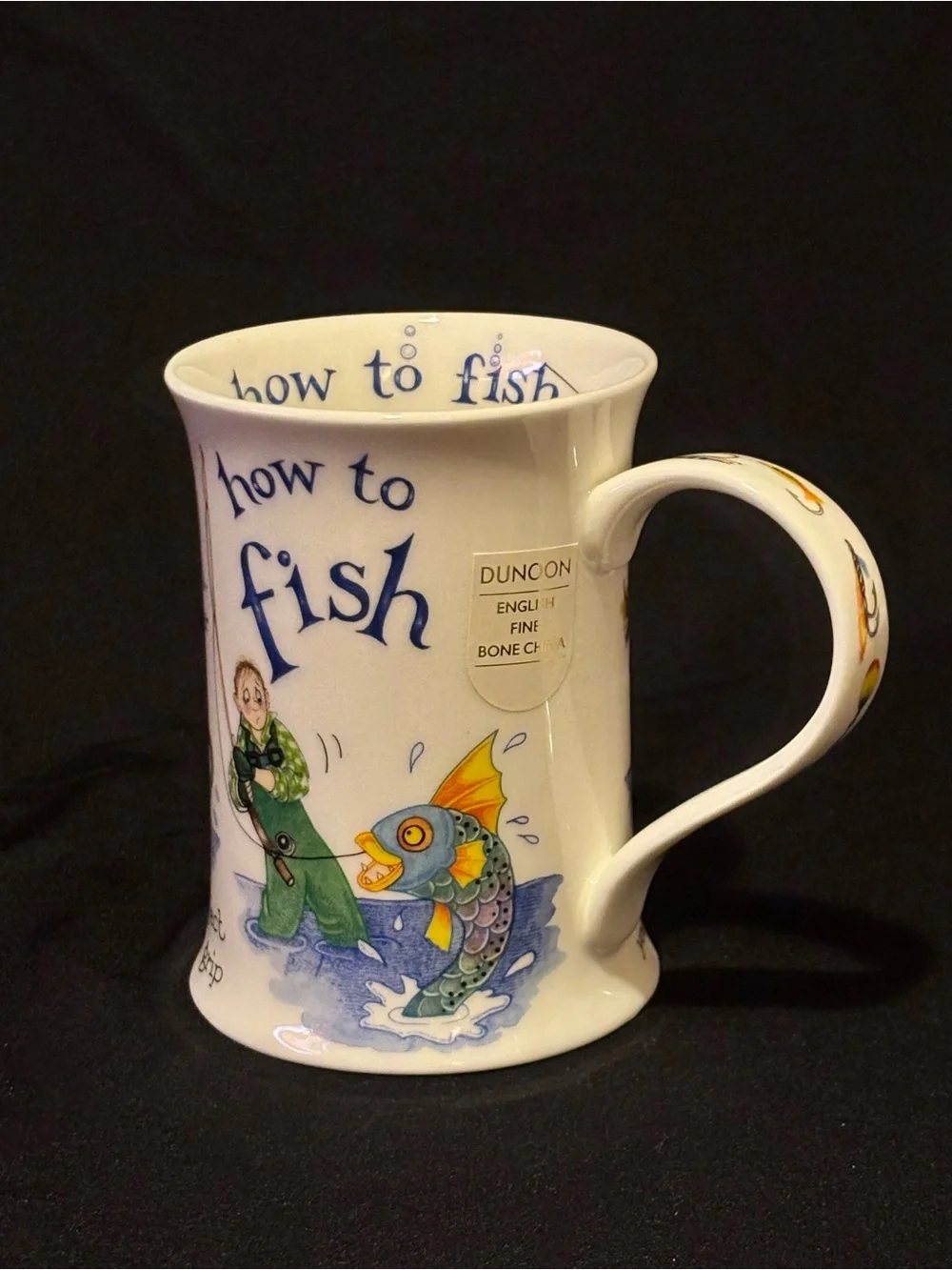 Bone China 'How to Fish' Illustrated Mug - White with Blue and Multicolor Art
